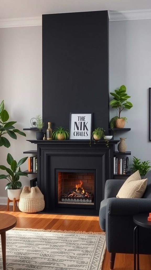 A stylish living room featuring a black fireplace with built-in shelving, surrounded by plants and cozy furniture.