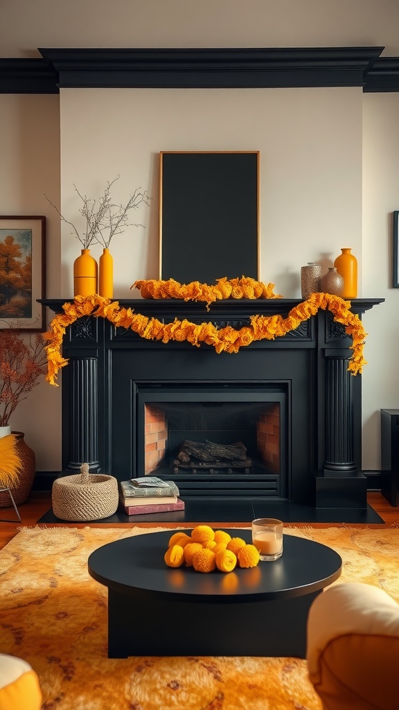 A black fireplace surrounded by yellow decor in a cozy living room.