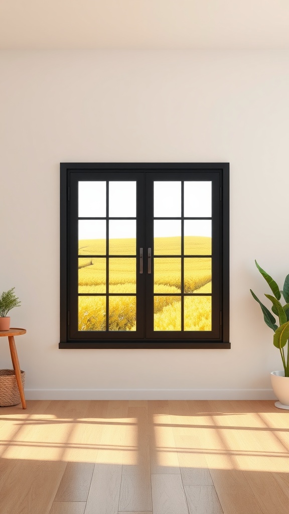 A black framed window showing bright yellow fields outside in a minimalist living room setting