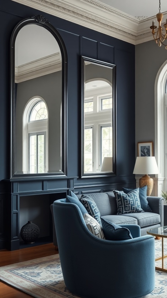 Living room featuring navy blue walls and black framed mirrors