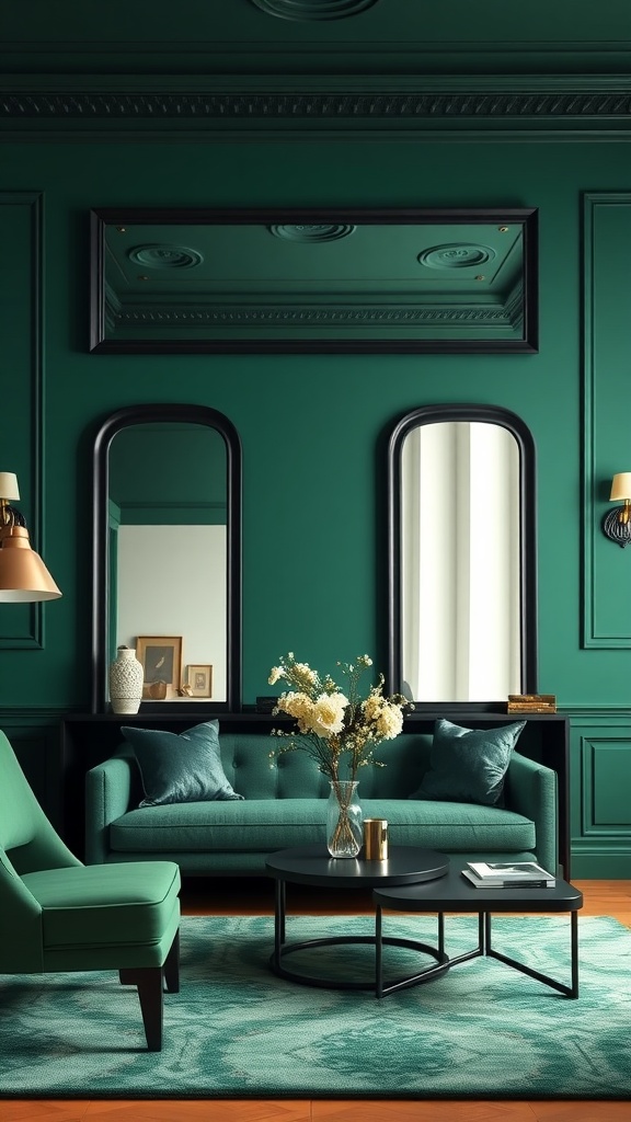 Living room featuring emerald green walls and black framed mirrors, with a green sofa and decorative elements.