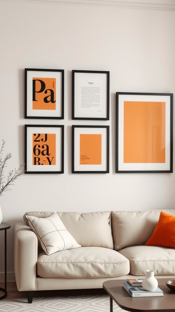 Living room featuring black frames with orange artwork on the wall