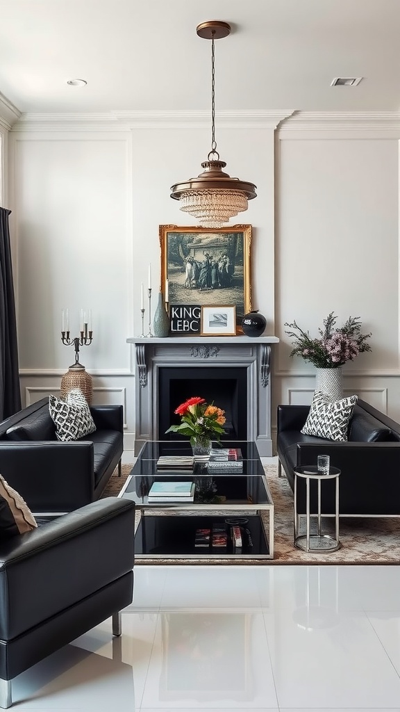 A stylish living room featuring black leather furniture and silver fixtures, with a glass coffee table and elegant lighting.