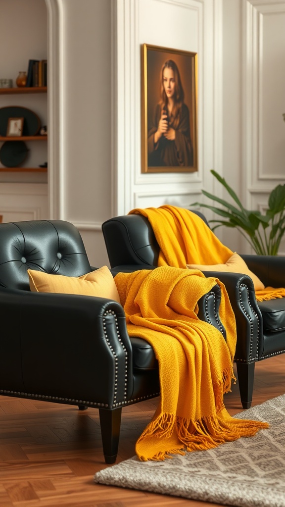 Black leather chairs with yellow throw blankets draped over them in a stylish living room setting