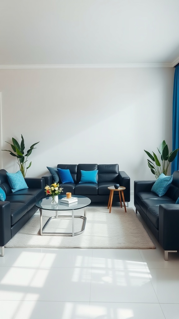 A modern living room featuring black leather sofas with blue cushions and a glass coffee table.