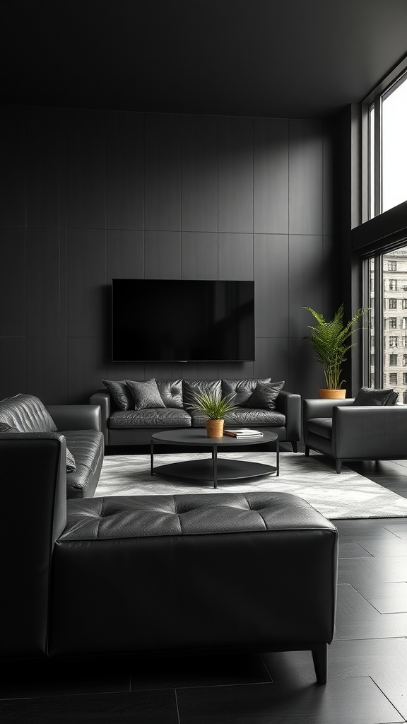 A modern living room with black leather furniture, large windows, and a coffee table.