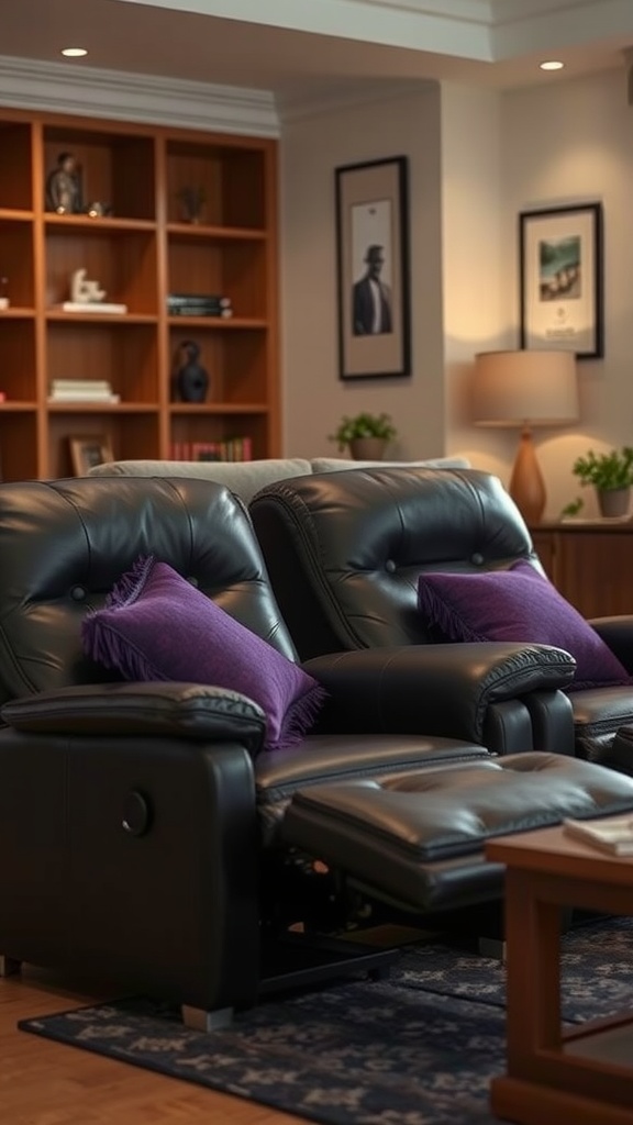 Image of two black leather recliner chairs with purple pillows in a stylish living room setting