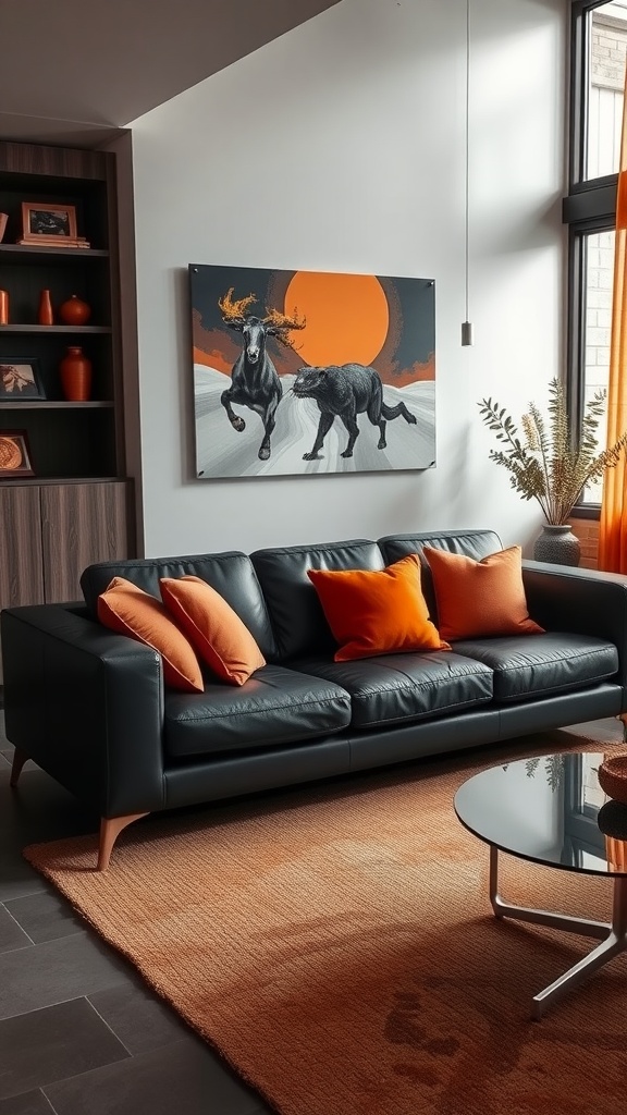 A stylish black leather sofa with orange pillows, a circular glass table, and an artwork featuring animals against a burnt orange sun.