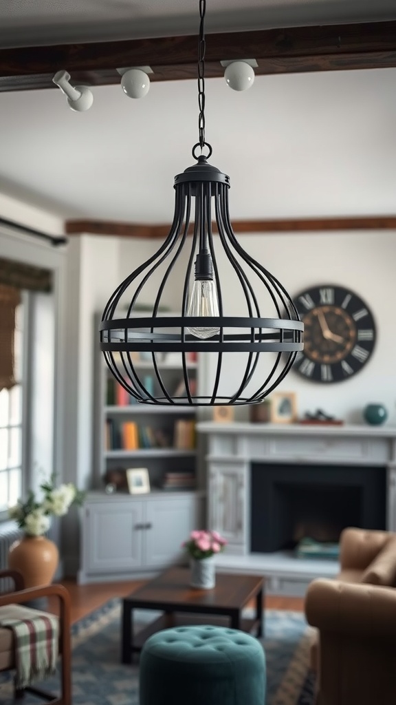 A stylish black metal pendant light hanging in a cozy living room with modern decor.