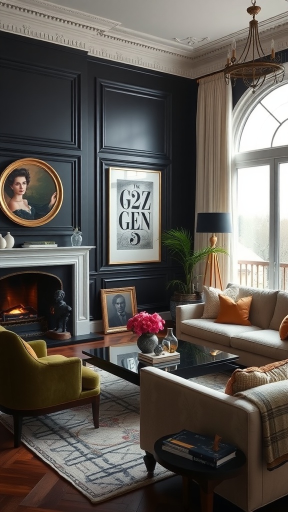 A stylish living room featuring black paneling, classic touches, and elegant furnishings.