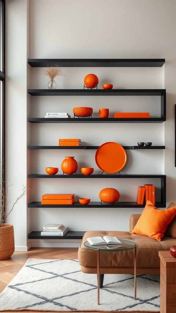 Modern black shelves displaying various orange decor items in a living room setting.