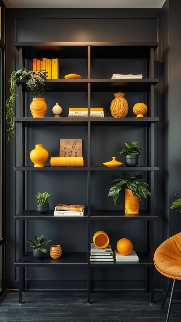 Black shelving unit with yellow decorative items and plants