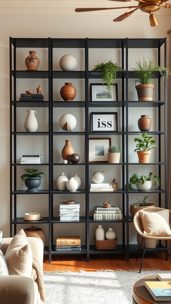 A black shelving unit filled with decorative items, plants, and books in a warm living room setting