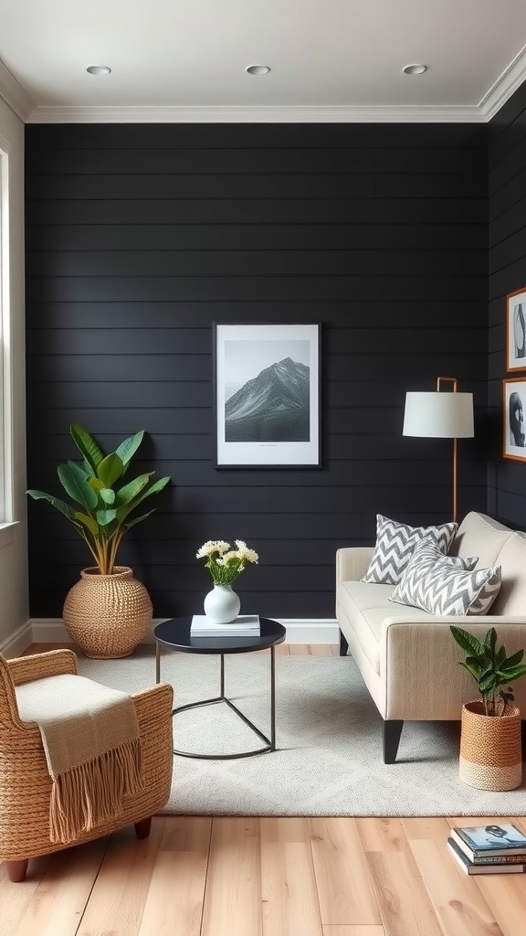 A stylish small living room featuring black shiplap walls, light wood flooring, a neutral sofa, and decorative elements.