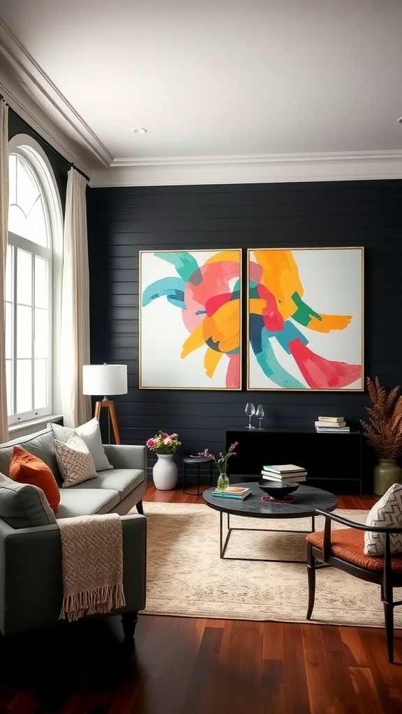 Living room featuring black shiplap wall with colorful abstract artwork.