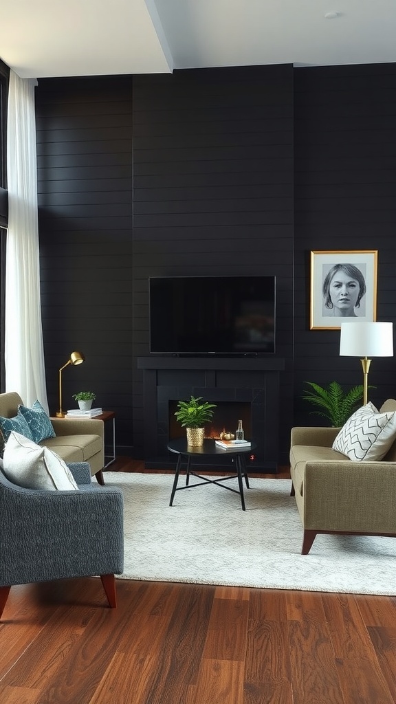 Living room with black shiplap walls, stylish armchairs, a round coffee table, and decorative plants.