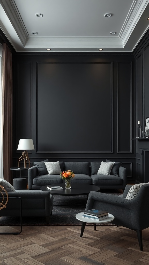 Stylish black wall paneling in a modern living room with dark furniture and elegant lighting