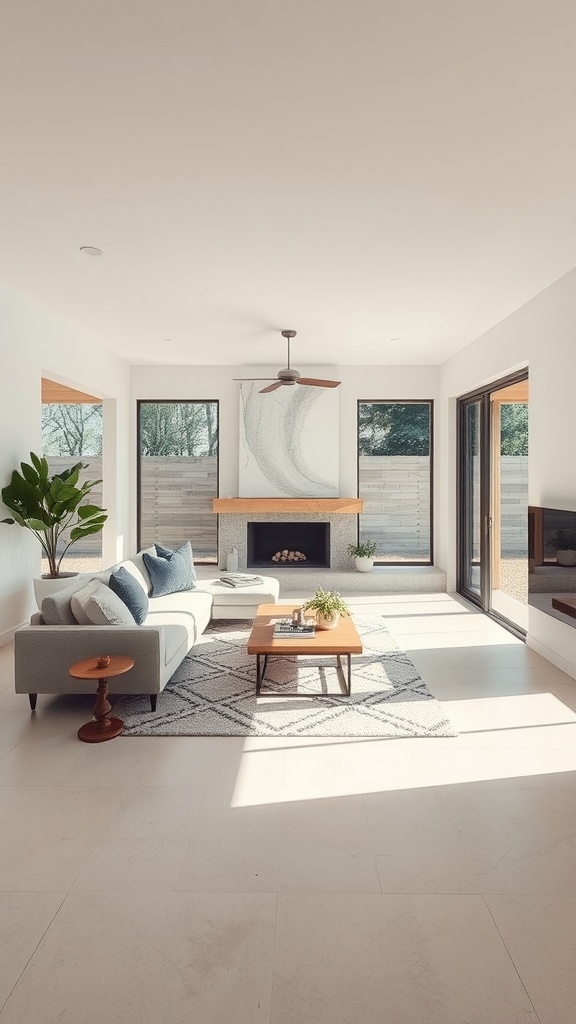 A modern neutral living room with large windows connecting to an outdoor space