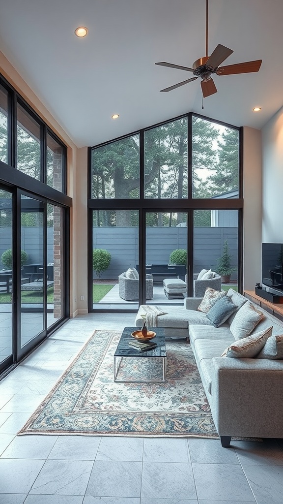 Cozy living room with large glass doors leading to an outdoor space, featuring a plush sofa and natural light.