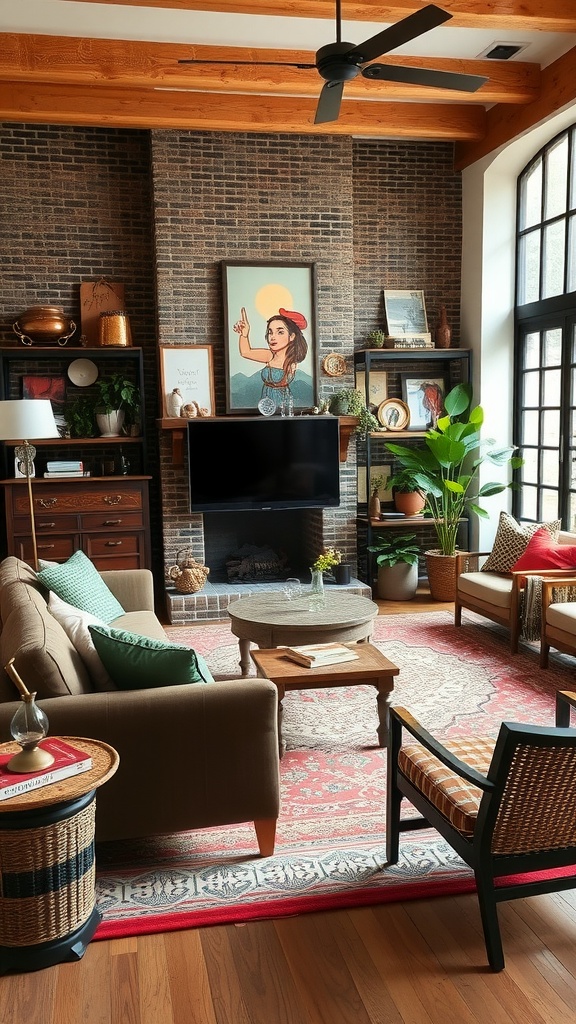 A modern boho living room featuring a blend of vintage and contemporary elements, with a brick wall, wooden beams, and stylish furniture.