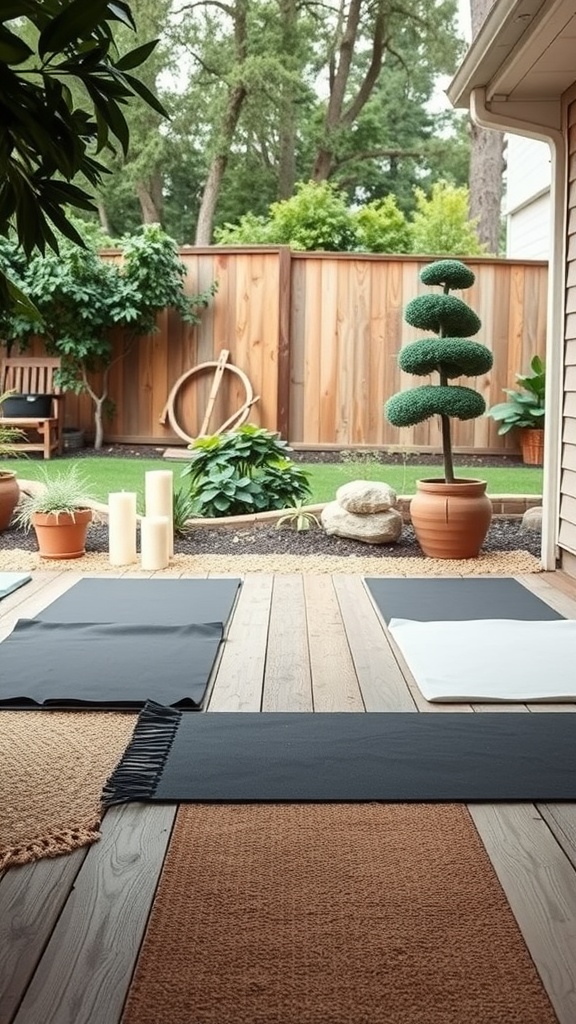 A cozy meditation space in a backyard with yoga mats, candles, and potted plants.