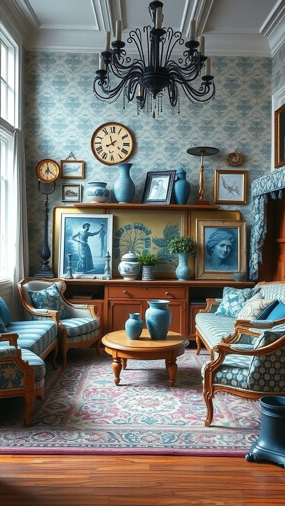 Living room with blue accents and vintage decor.