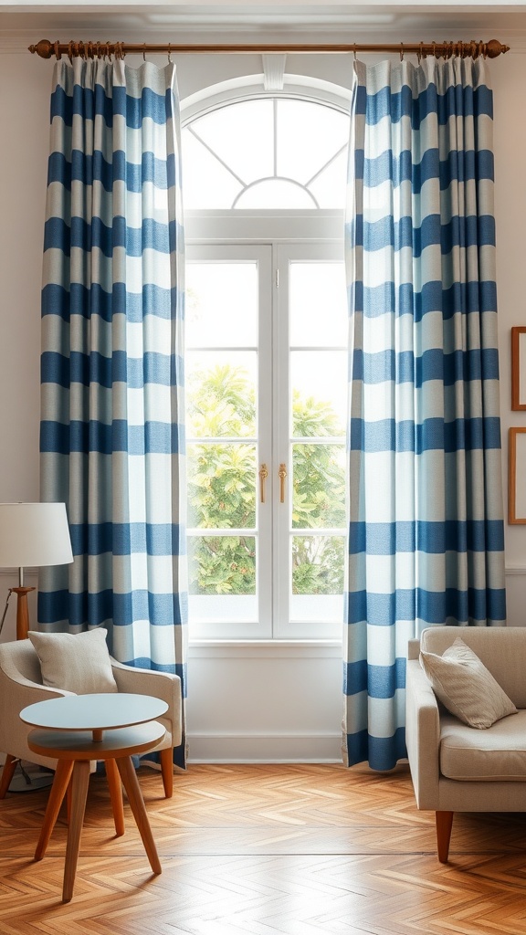 A living room featuring blue-striped curtains, a cozy armchair, and a round coffee table with a wooden floor.