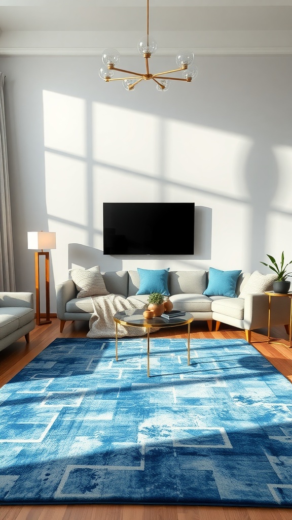 A modern living room with a blue abstract rug, gray sofa, and blue cushions, featuring a stylish coffee table and a warm ambiance.