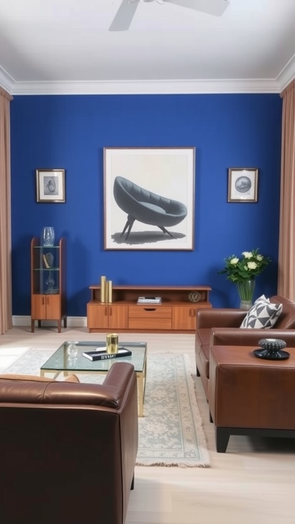 Living room with blue accent wall and brown leather furniture