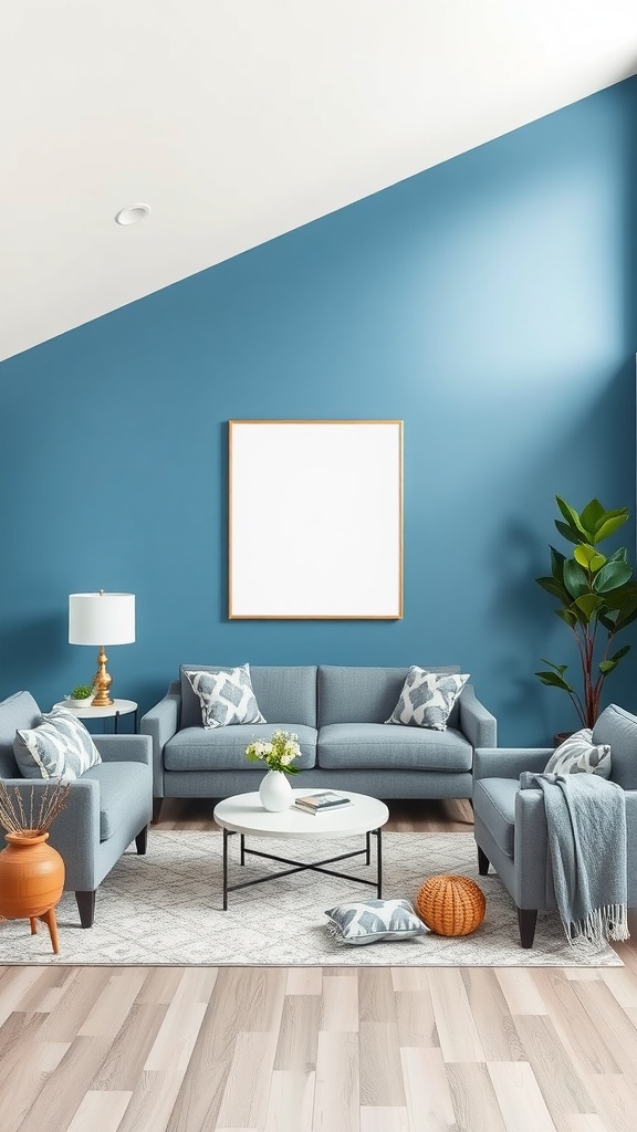 A stylish living room featuring a blue accent wall, gray furniture, and modern decor.