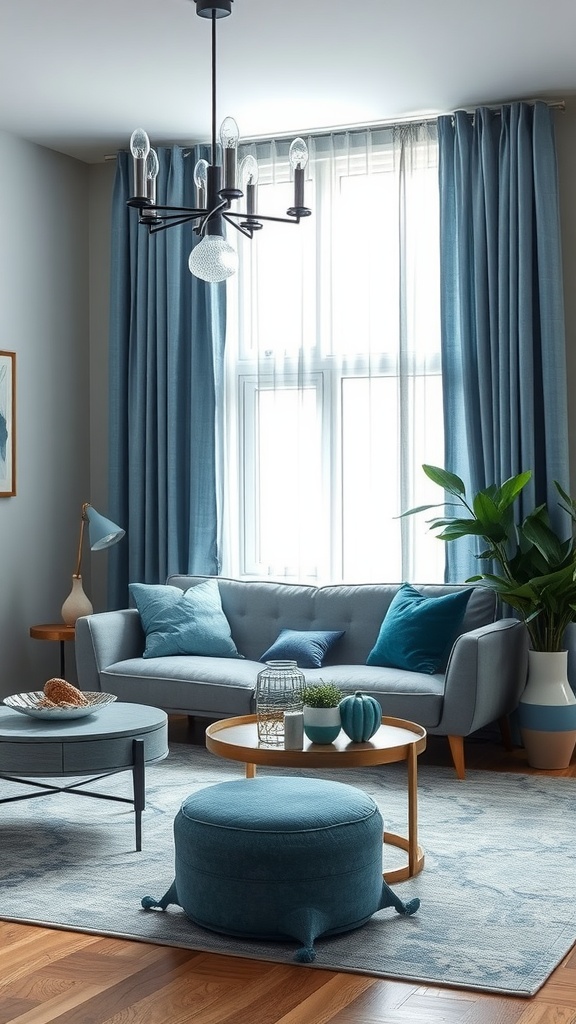 A stylish living room featuring blue and gray ombre decor with a gray sofa, blue cushions, and elegant curtains