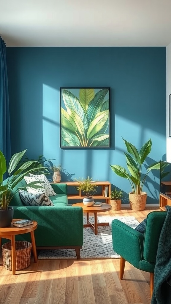 A bright and inviting living room featuring blue walls, green plants, and cozy furniture.