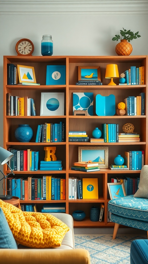 A colorful bookshelf display featuring blue books, yellow decorative items, and framed artwork