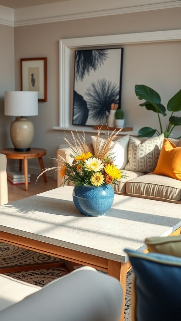 A blue vase filled with yellow flowers placed on a light wooden coffee table in a stylish living room