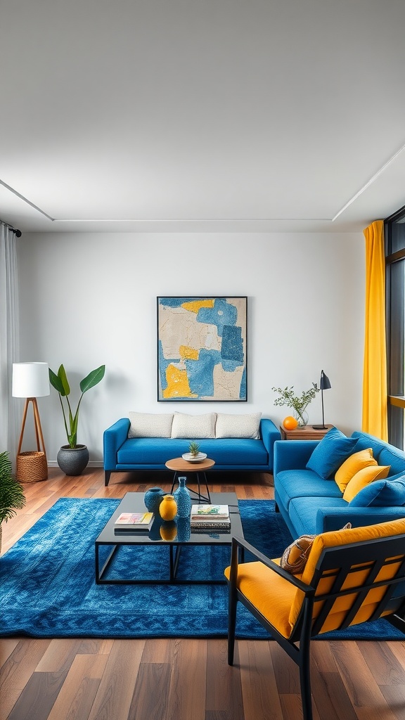 A bright living room featuring blue sofas, yellow accents, and a warm wooden floor.