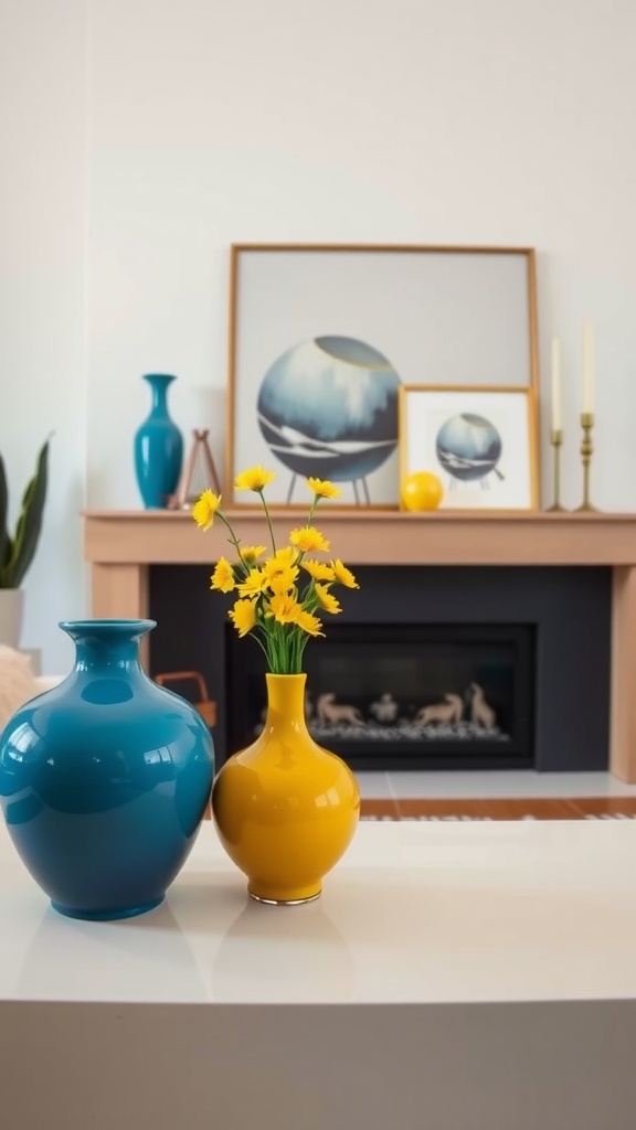 A blue vase and a yellow vase with flowers on a white table in a living room setting.