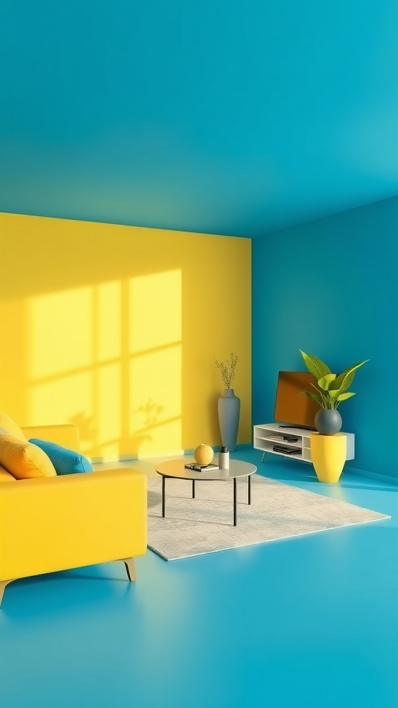 A bright and minimalist living room decorated in blue and yellow with a yellow couch, blue walls, and a small coffee table.