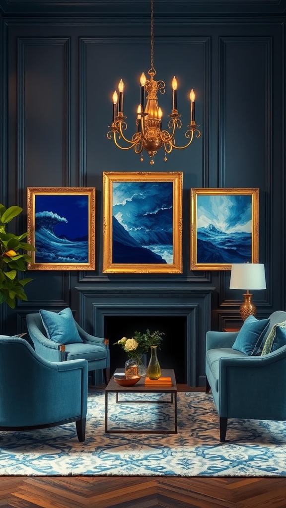 Living room featuring blue artwork in gold frames, dark walls, and elegant seating