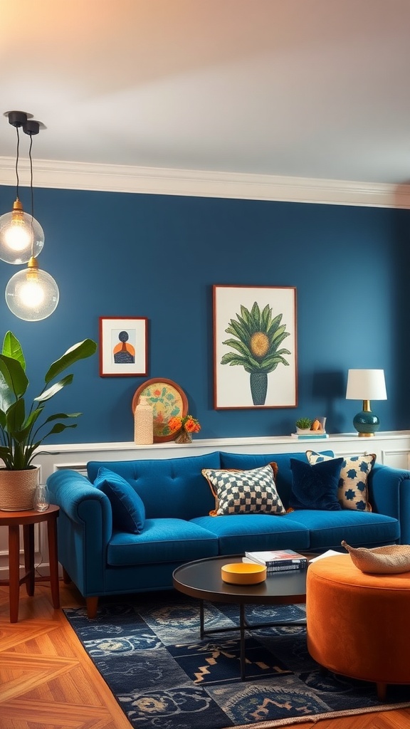 Living room featuring a blue couch, bold lighting fixtures, and decorative elements on the walls