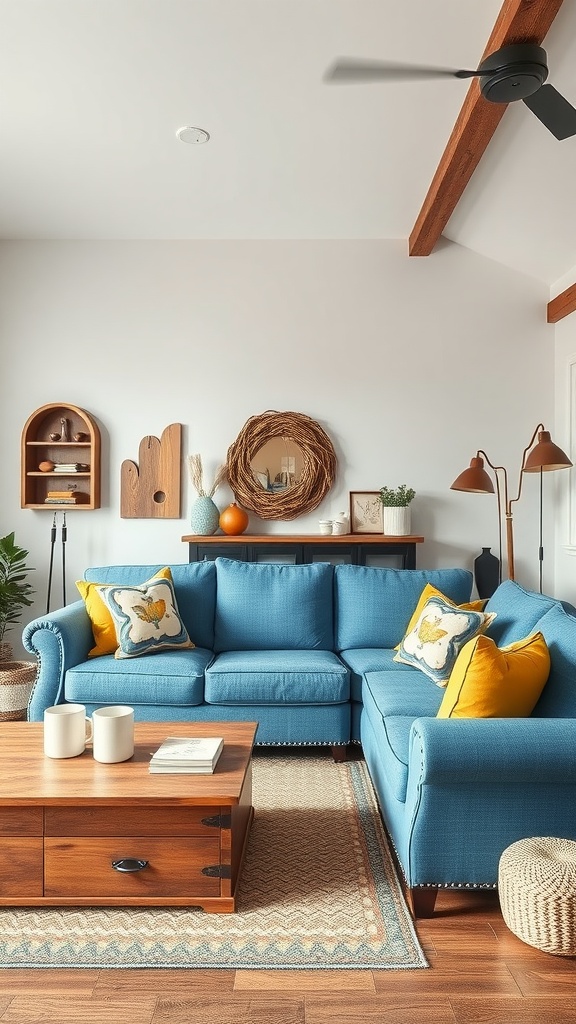 Living room featuring a blue couch with yellow pillows in a farmhouse setting