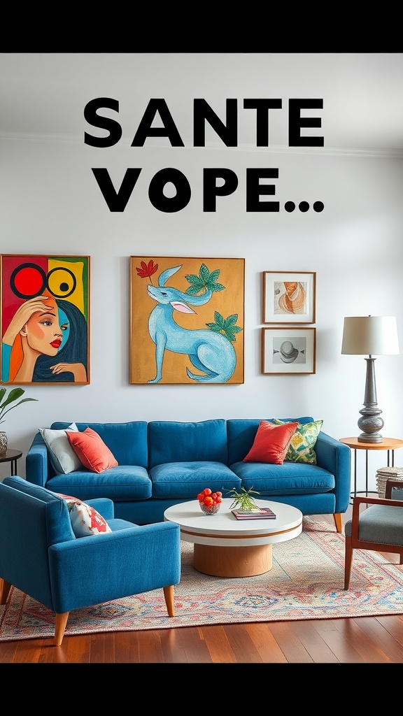 Blue couch with artistic wall decor and colorful throw pillows in a living room