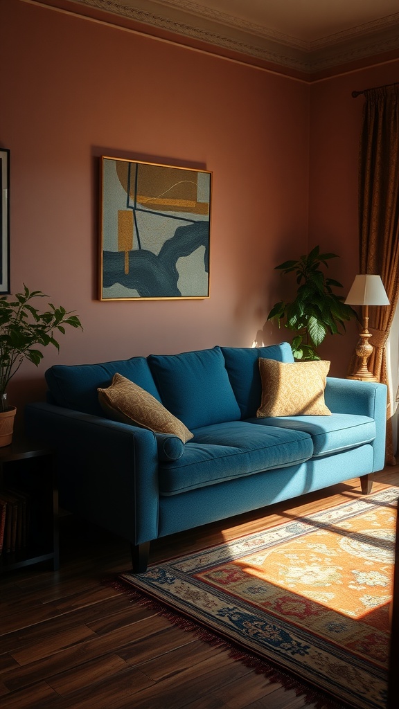 Cozy living room with a blue couch, warm-toned walls, decorative pillows, and a vibrant area rug.