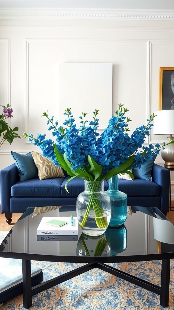 A living room with a navy blue couch and a large blue floral arrangement in a glass vase on a coffee table.