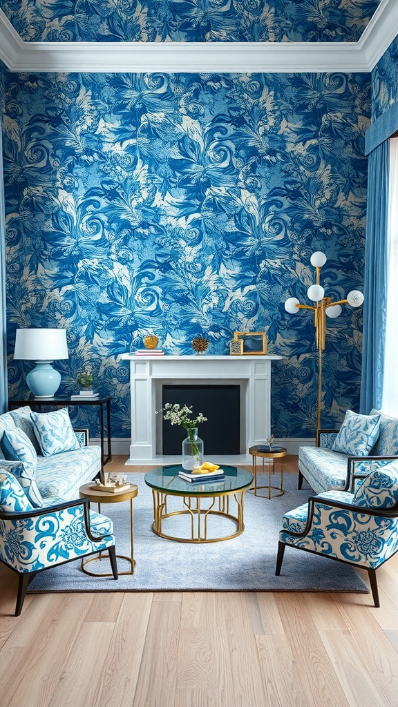 Living room with blue floral wallpaper and matching furniture