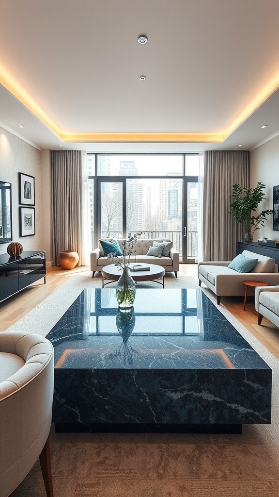 A living room featuring a blue granite coffee table, light-colored sofas, and large windows that bring in natural light.