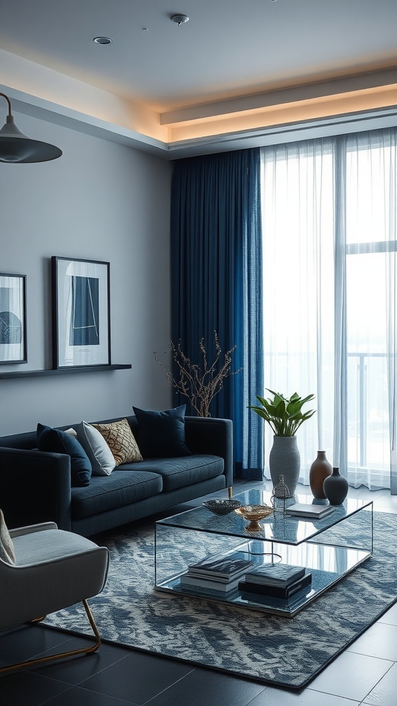 Living room with blue ombre curtains, dark furniture, and decorative elements