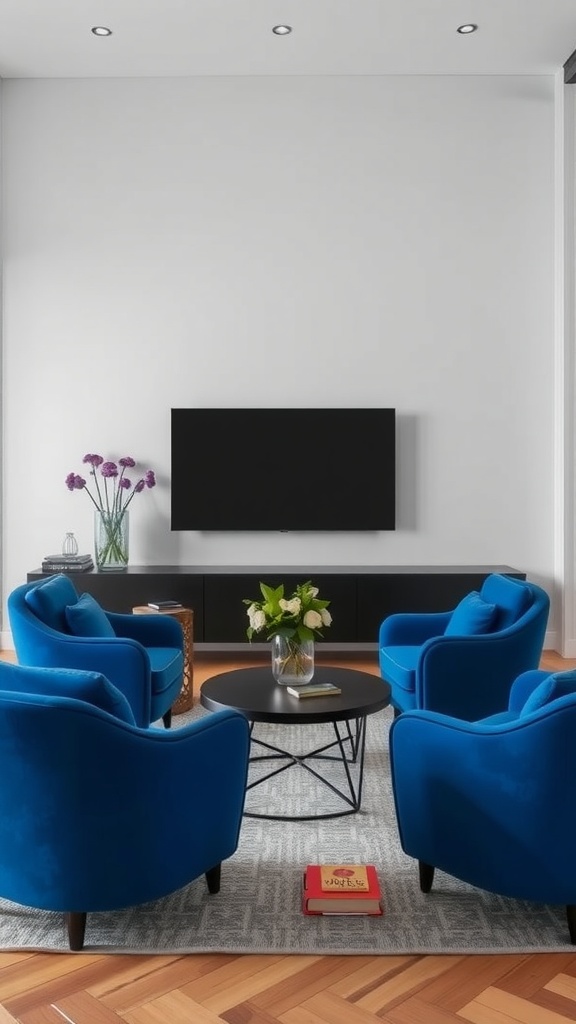 Living room featuring bright blue statement chairs arranged around a round coffee table