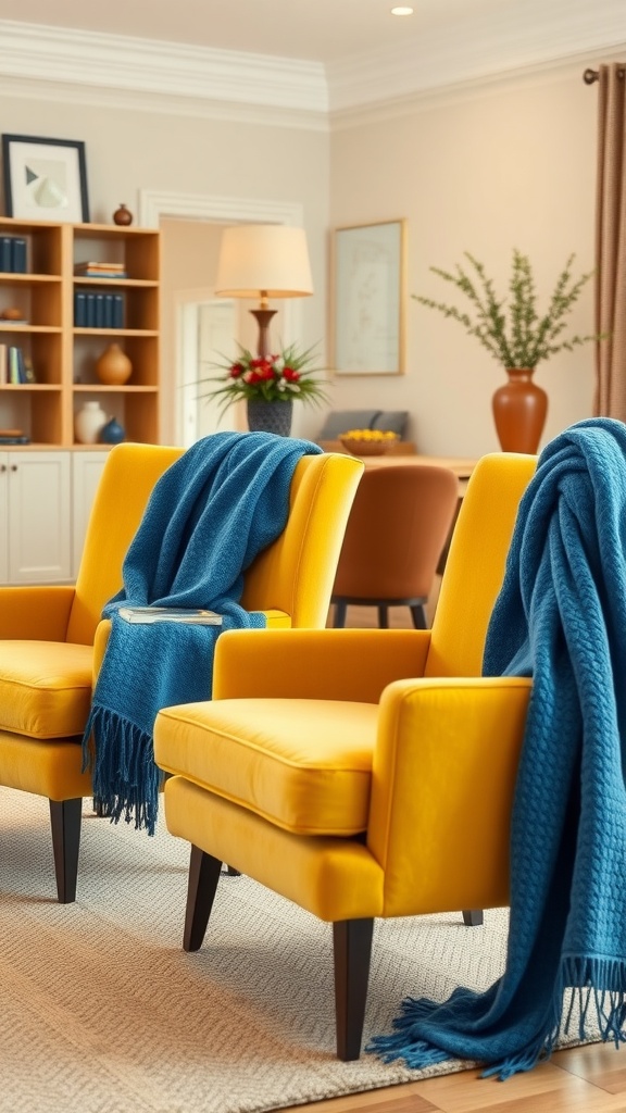 Blue throw blankets draped over yellow chairs in a cozy living room.