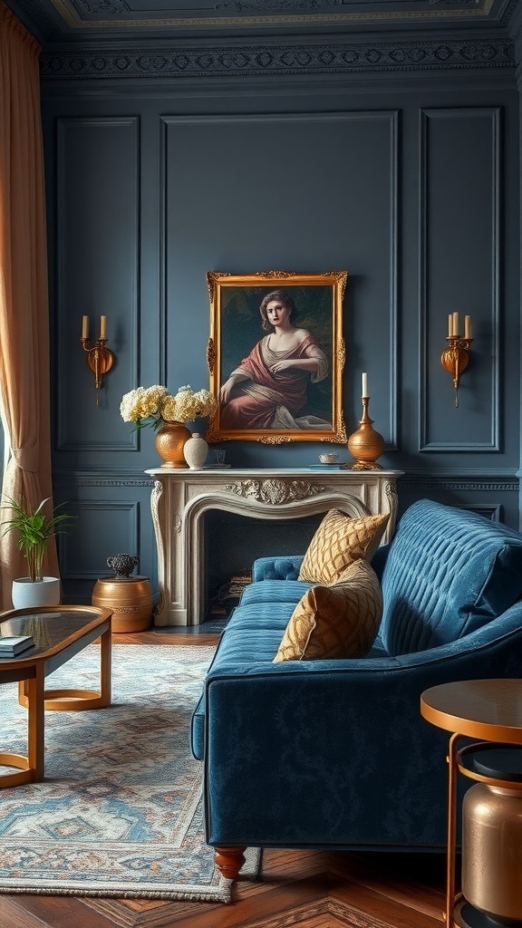 An elegant living room featuring a blue velvet sofa, decorative pillows, a vintage portrait, and a stylish coffee table.