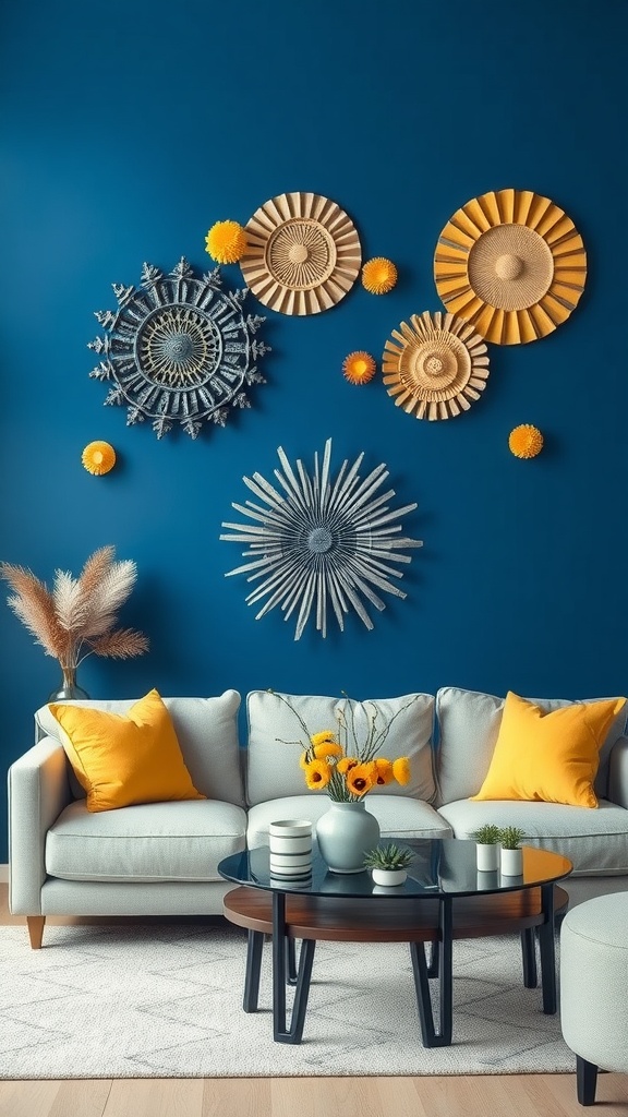 A living room with a blue wall decorated with circular yellow wall art, a light grey sofa with yellow cushions, and a coffee table with plants and flowers.